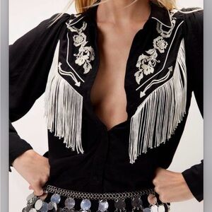 Nasty Gal Black and White Fringe Western Shirt
